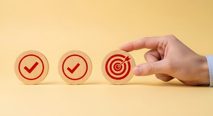 Achieving business success one goal at a time with target mindset, checkmark symbols reflecting completed tasks leading to hitting target, success and achievement