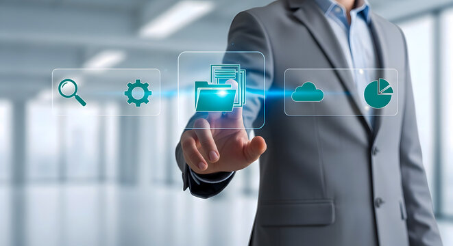 Modern businessman using touch screen interface for data management and file sharing in the cloud, accessing analytics and optimizing settings professionally