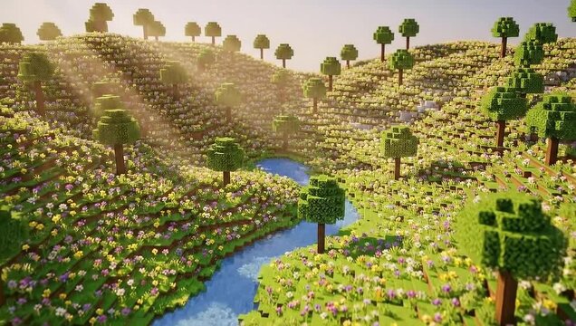 A pixelated view of a sunny landscape. The scene features a flowing river cutting through the hills, lush greenery, and scattered trees