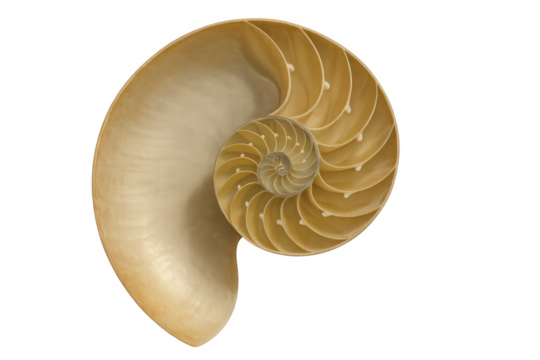 Nautilus shell displaying perfect logarithmic spiral and golden ratio, a natural pattern of geometry and marine life