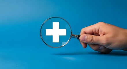 Explore healthcare solutions using a magnifying glass to discover medical innovation and health insurance benefits, search for treatment options, and improve wellbeing