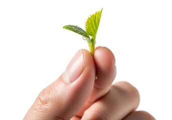 A persons hand gently holding a small green sprout with water droplets, isolated on white background