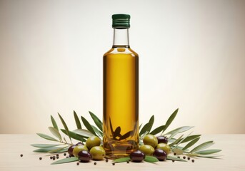 Golden olive oil bottle surrounded by olives and leaves