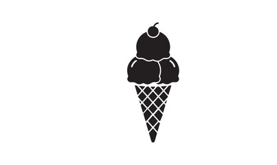 Black Silhouette Ice Cream Cone with Cherry, Waffle Texture Vector Icon