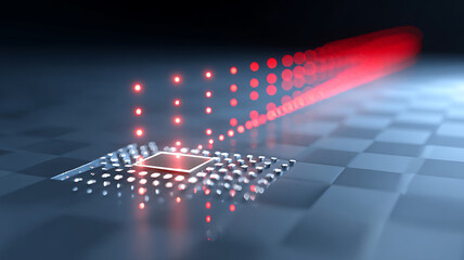 Microchip emitting a stream of red digital particles, representing data transmission or processing