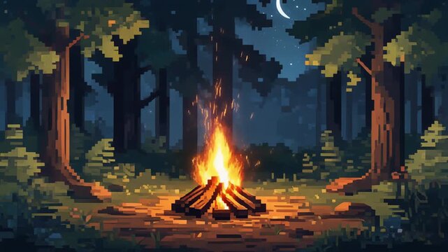 Cozy campfire under a moonlit sky in a pixelated forest, evoking warmth and adventure