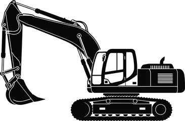 Excavator construction vehicle silhouette illustration for industrial engineering, heavy equipment, earthmoving machinery, building site work, black and white vector design isolated