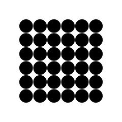 A repeating pattern of perfectly round black circles arranged in a precise grid formation on a clean white background