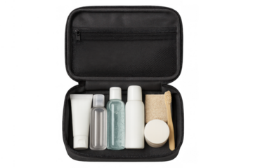 Toiletries in an open black cosmetic bag, featuring travel-size bottles for shampoo and conditioner, skincare, and hygiene items