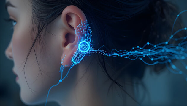 Futuristic Earbud Technology Digital Audio Signals Connecting to Human Ear