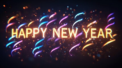 Happy New Year neon sign with colorful confetti a festive design element for holiday greetings and celebrations on a dark background
