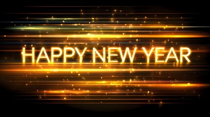 Happy New Year glowing text effect golden light streaks and bokeh festive celebration background for holiday greetings and party invitations