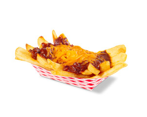 French fries with chili and cheese in a boat on white 