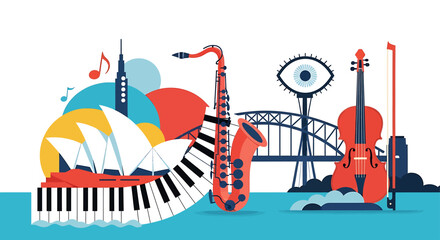 A creative flat design illustration depicting musical instruments fused with abstract representations of Sydney landmarks, symbolizing the artistic blend of music and place.