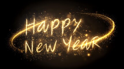 Sparkling Happy New Year text golden glitter particles forming festive typography perfect for holiday greetings and celebration designs