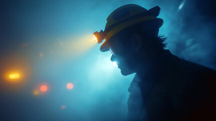 Miner at night illuminated by headlamp light, fog and industrial lights in the background, cinematic look