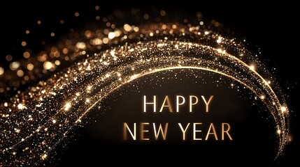 Elegant golden glitter wave with Happy New Year message festive design element for holiday greetings and celebration isolated on black background