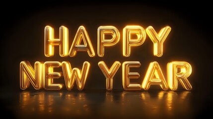 Happy New Year golden balloon text festive celebration message for holiday greetings isolated on black background