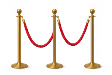 Golden stanchions with red velvet ropes forming a barrier for vip events, exclusivity, and crowd control on transparent background