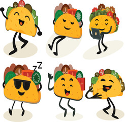 A playful set of cute taco character illustrations featuring fun actions like dancing, relaxing, working on a laptop, wearing sunglasses, and eating. Perfect for stickers, merch, social media.