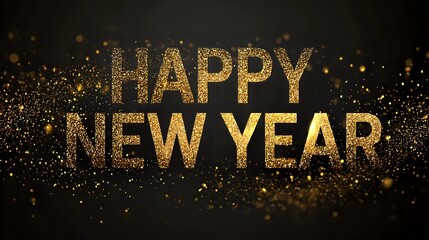 Happy New Year golden text effect festive glitter particles on a dark background perfect for holiday greetings and celebration designs