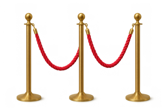 Golden stanchions with red velvet ropes forming a barrier for vip events, exclusivity, and crowd control on transparent background
