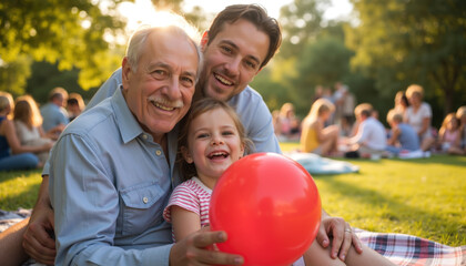 Three generations share a smile in a sunlit park during a family gathering.