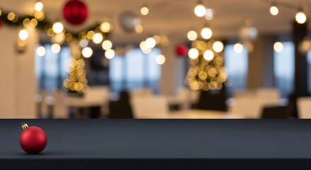 An empty table surface with a red Christmas ball in a festive setting   