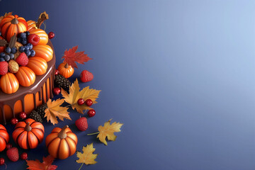 Gâteau décoré de citrouilles, fruits rouges et feuilles d’automne sur fond bleu avec espace négatif copyspace, visuel culinaire saisonnier pour campagne gourmande, Halloween ou fête de la récolte
