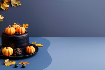 Gâteau noir décoré de petites citrouilles et feuilles d’automne sur fond bleu avec espace négatif copyspace, visuel culinaire pour Halloween, fête d’automne ou campagne gourmande saisonnière