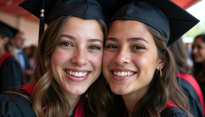 Two smiling graduates wearing caps and gowns, celebrating their achievement with joy.