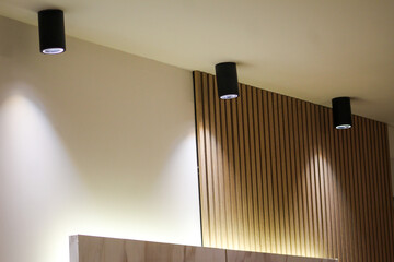 ontemporary ceiling spotlights illuminating a modern interior with wooden slat wall panels, creating a warm and elegant atmosphere.