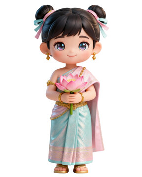 Cute Thai girl in pink traditional dress holding lotus flower