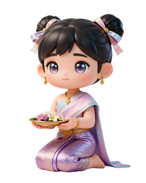 Cute Thai girl in pink traditional dress holding lotus flower