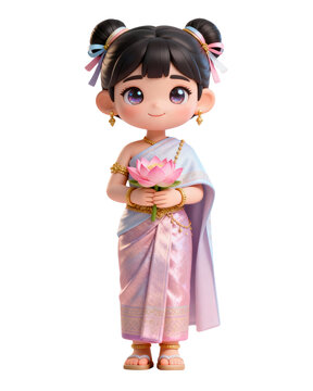 Cute Thai girl in pink traditional dress holding lotus flower