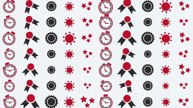 Virus icons, clocks, flags, and warning symbols pattern, abstract graphic design, digital illustration, flat vector style, seamless background