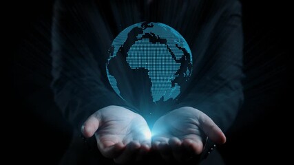 A captivating visual of hands holding a glowing digital globe, symbolizing global connectivity and modern communication through a network of people icons and technology. Qubit - Powered by Adobe
