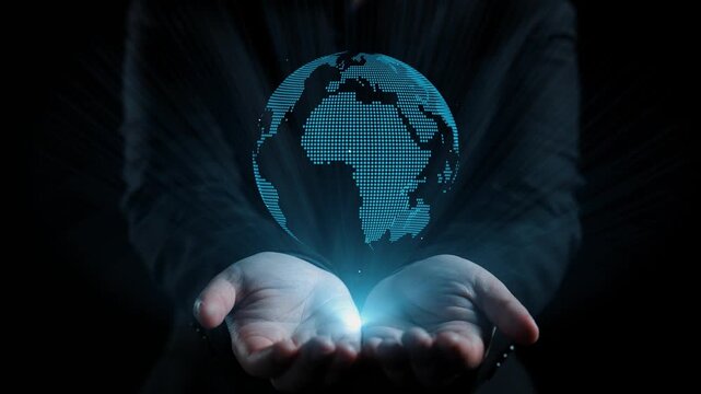 A captivating visual of hands holding a glowing digital globe, symbolizing global connectivity and modern communication through a network of people icons and technology. Qubit - Powered by Adobe