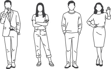 Flat vector illustration of diverse standing human characters in minimal line art style, business and casual poses for design reference