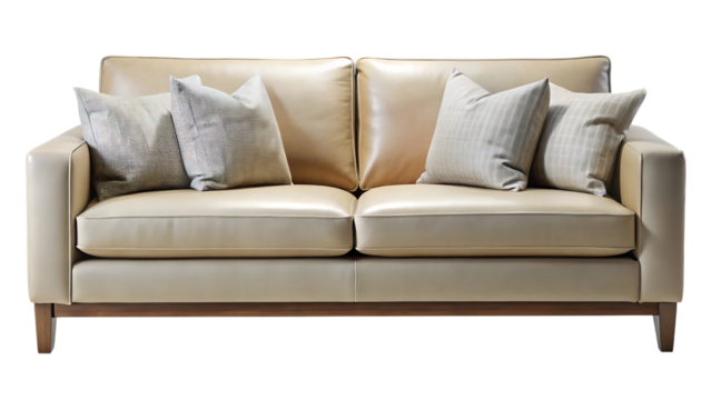 A luxurious and comfortable creamcolored leather sofa with decorative throw pillows, isolated on a transparent background, perfect for interior design and home decor