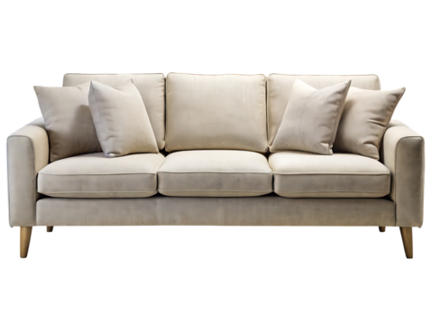 A plush, comfortable, threeseater sofa with multiple cushions, upholstered in a lightcolored, textured fabric, standing on wooden legs, isolated on transparent background
