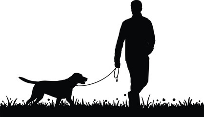 Silhouette of person walking dog on leash in grassy outdoor area, peaceful pet exercise scene during daily walk
