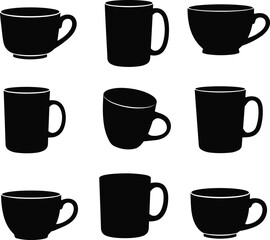 Obraz premium Collection of various mug and teacup silhouettes in clean monochrome vector style showcasing different shapes, handle designs, and beverage container concepts