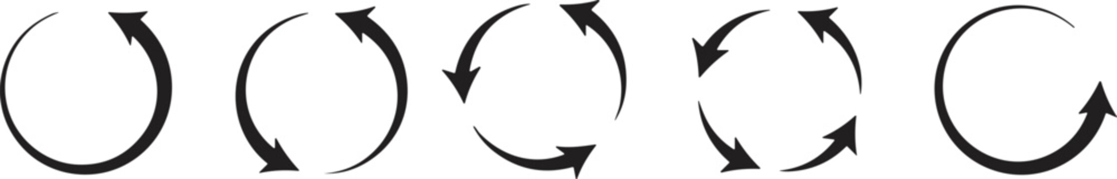 Flat vector illustration of circular arrow icons showing rotation, cycle process, refresh loop, continuous flow and recycling direction symbols for design