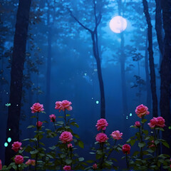 A peaceful spring morning in a blue forest with soft light and nature blended in an underwater-style design