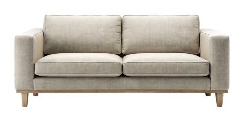 A modern twoseater sofa with a textured, abstract patterned fabric in neutral tones, featuring plush cushions and wooden legs, isolated on transparent background