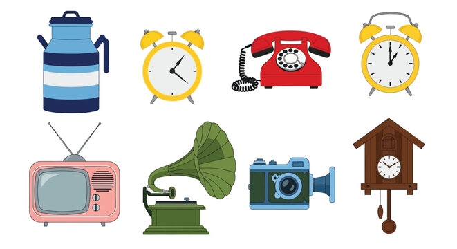 A collection of vintage objects including clocks radios and old technology