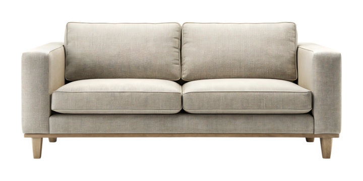 A modern twoseater sofa with a textured, abstract patterned fabric in neutral tones, featuring plush cushions and wooden legs, isolated on transparent background