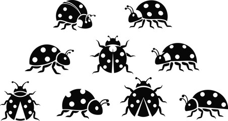 Collection of stylized ladybug insect silhouettes in multiple poses designed as bold vector graphics for nature themes, decorative artwork, entomology illustrations, and creative design projects © Parimal