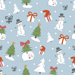 Charming Christmas pattern with snowmen, trees, gifts and snow on a soft blue background. Playful holiday design in a simple, hand-drawn style.